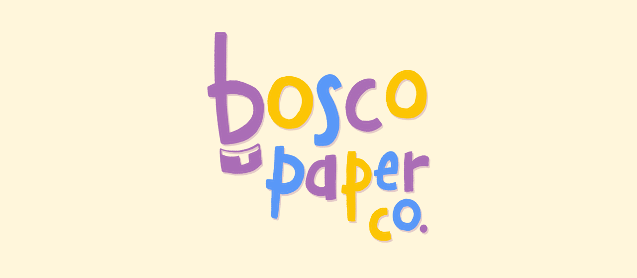 Colorful logo of Bosco Paper Co. on a beige background